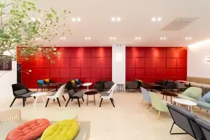 레드 그리드 월과 컬러풀 가구의 트렌디 카페